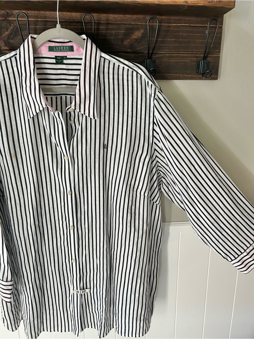 100% Linen Lauren Ralph Lauren Black White Striped Plus Size Button Down Blouse